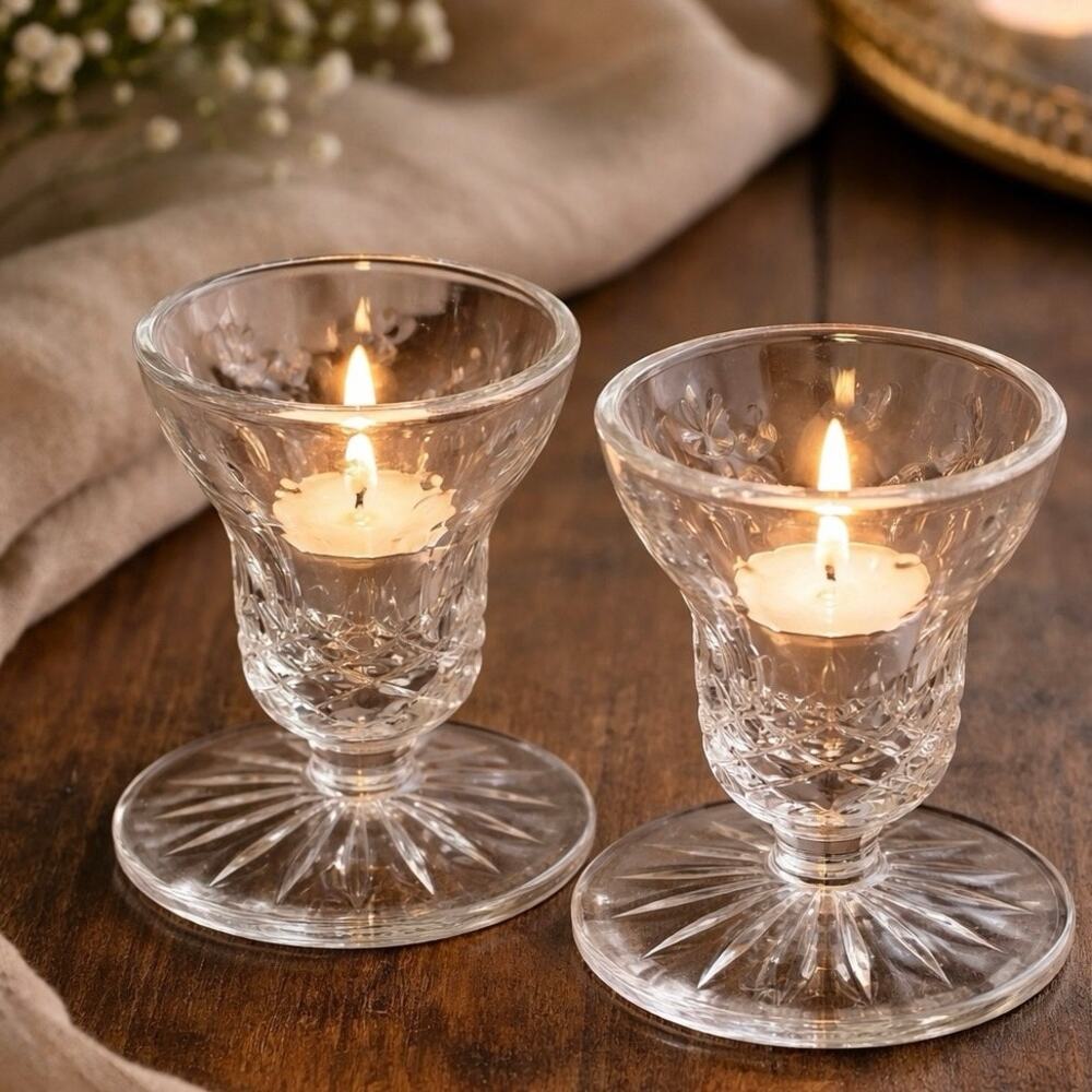 Set of 2 Candle Holders Etched Cut Glass Starburst Base Vintage